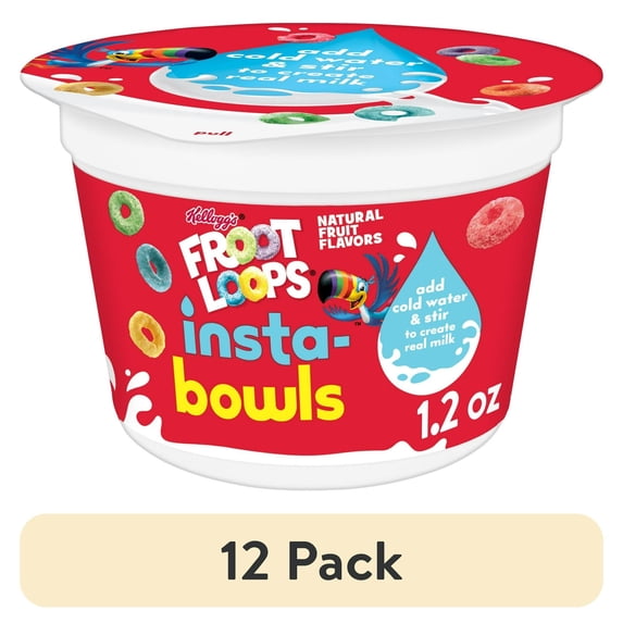 (12 pack) Kellogg's Froot Loops Insta-Bowls Breakfast Cereal, Kids Snacks, Instant Cereal, 1.2oz Cup (1 Cup)