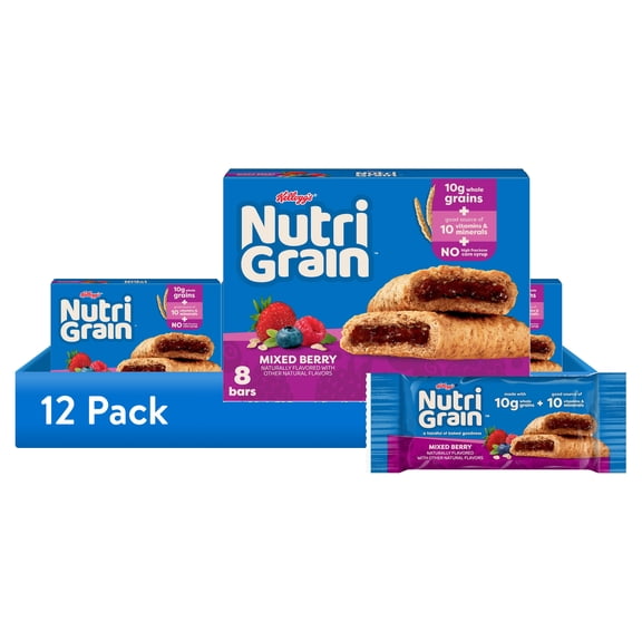 (12 pack) Kellogg's Nutri-Grain Mixed Berry Chewy Breakfast Bars, Made with 10g Whole Grains, 10.4 oz, 8 Count