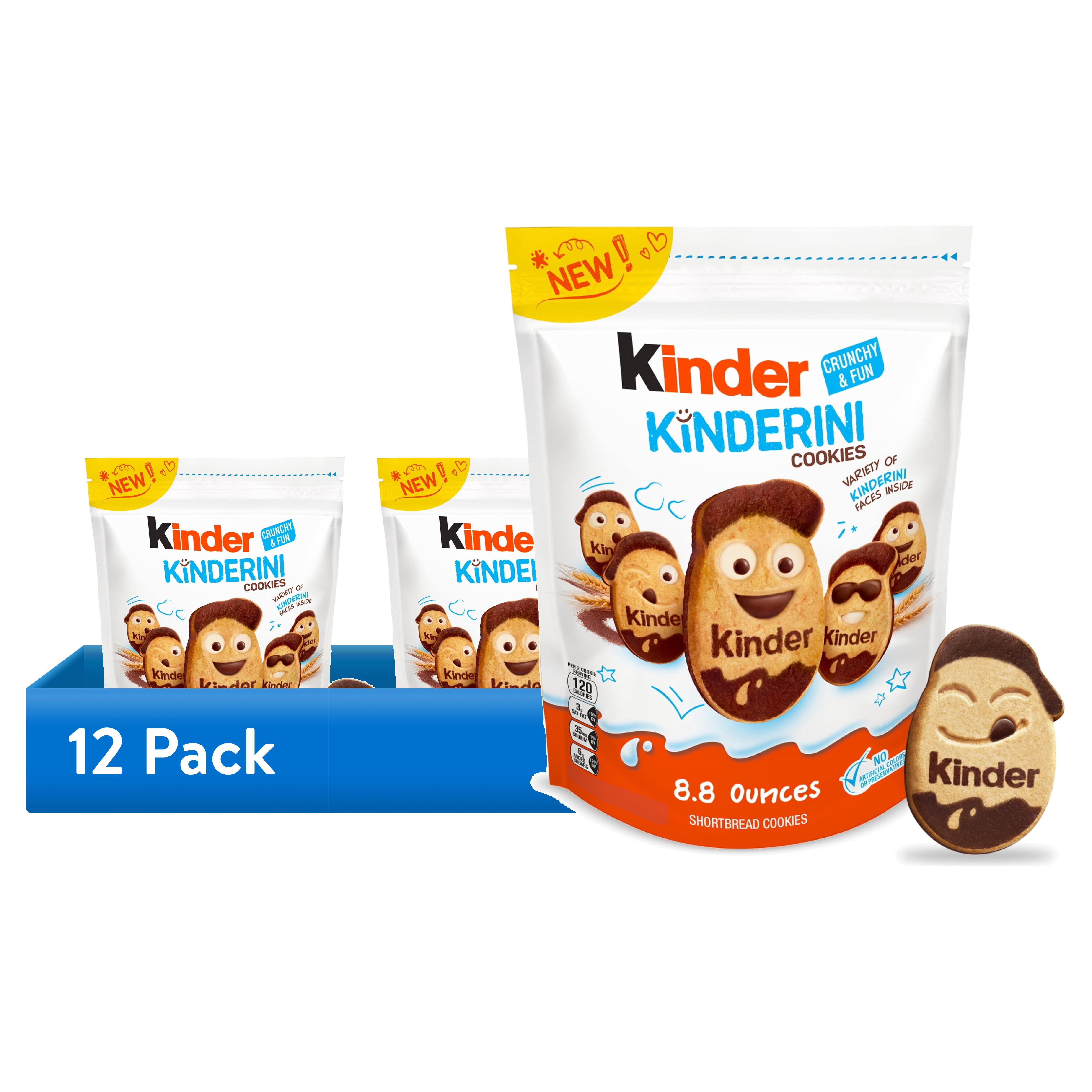 (12 pack) Kinder Kinderini Shortbread Cookies, Crunchy Biscuits Snack with Fun Expressions, Resealable Bag, 8.8 oz