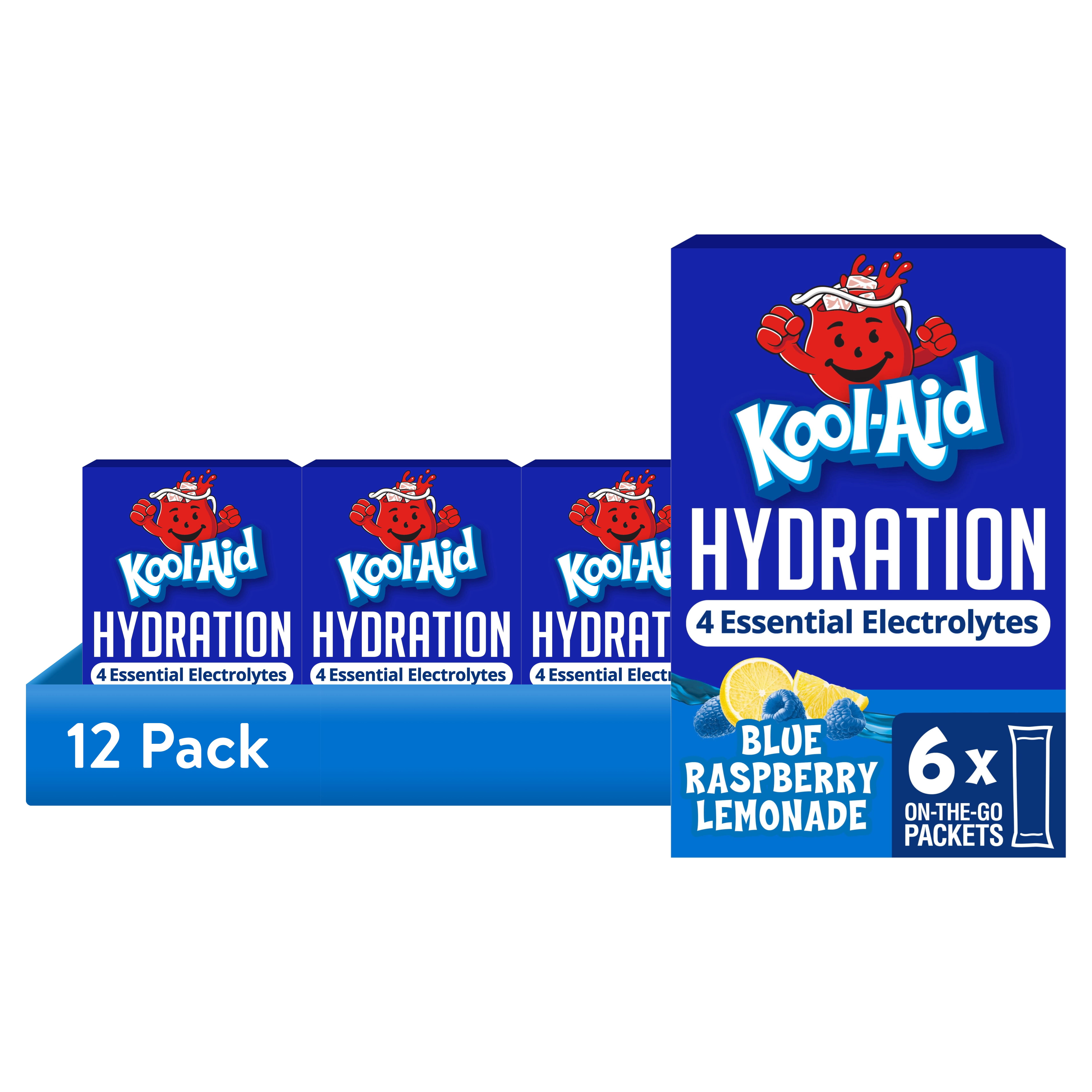 (12 pack) Kool-Aid Hydration Electrolyte Powder Drink Mix, 6 On-the-Go-Packets, for Easy and Flavorful Hydration, Blue Raspberry Lemonade Artificial Flavor, Zero Sugar, No Artificial Dyes, 1.32 oz Box