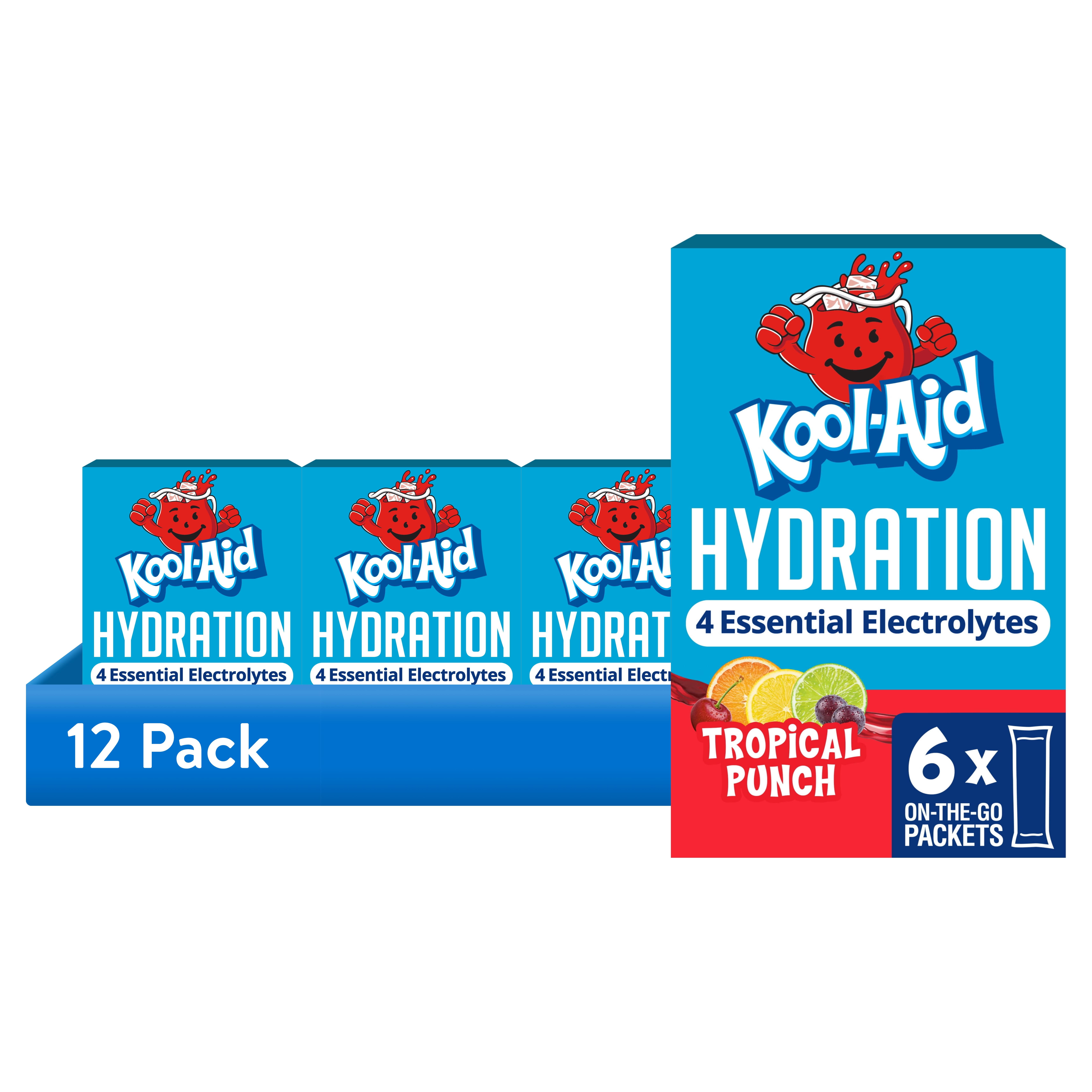 (12 pack) Kool-Aid Hydration Electrolyte Powder Drink Mix, 6 On-the-Go-Packets, for Easy and Flavorful Hydration, Tropical Punch Artificial Flavor, Zero Sugar, No Artificial Dyes, Low Calorie, 1.32 oz Box