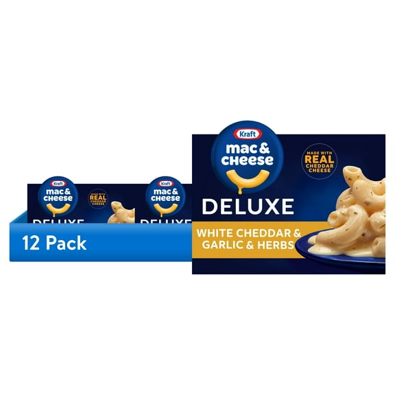 (12 pack) Kraft Deluxe Mac and Cheese, 1 Box, for Easy Dinner or Dinner Sides, White Cheddar and Garlic and Herbs, No Artificial Flavors or Dyes, 11.9 oz