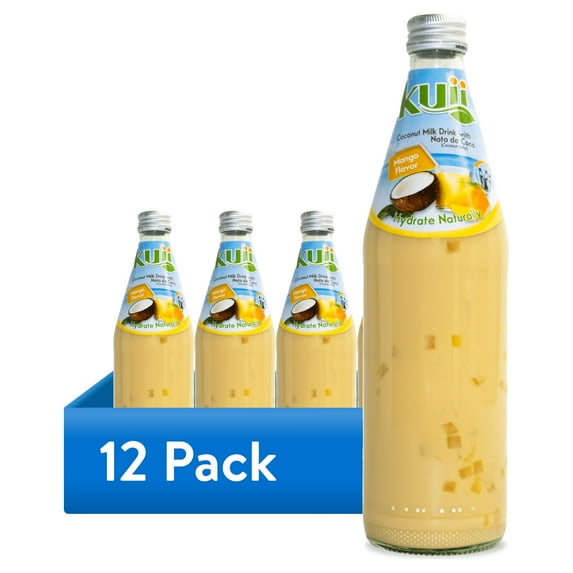 (12 pack) Kuii Drinks Coconut Milk with Nata de Coco, Mango, 485 mL Single Glass Bottle