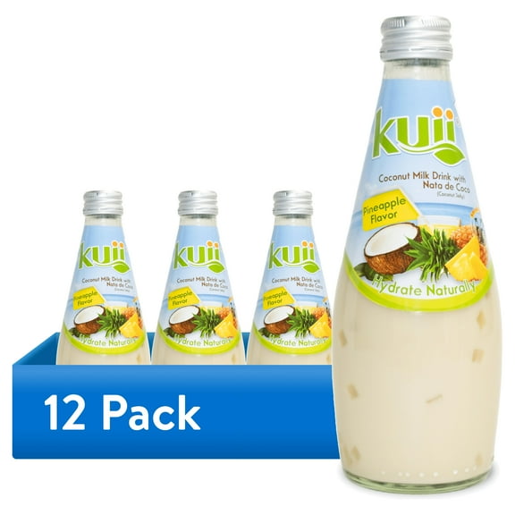 (12 pack) Kuii Drinks Coconut Milk with Nata de Coco, Pineapple, 290 mL Single Glass Bottle
