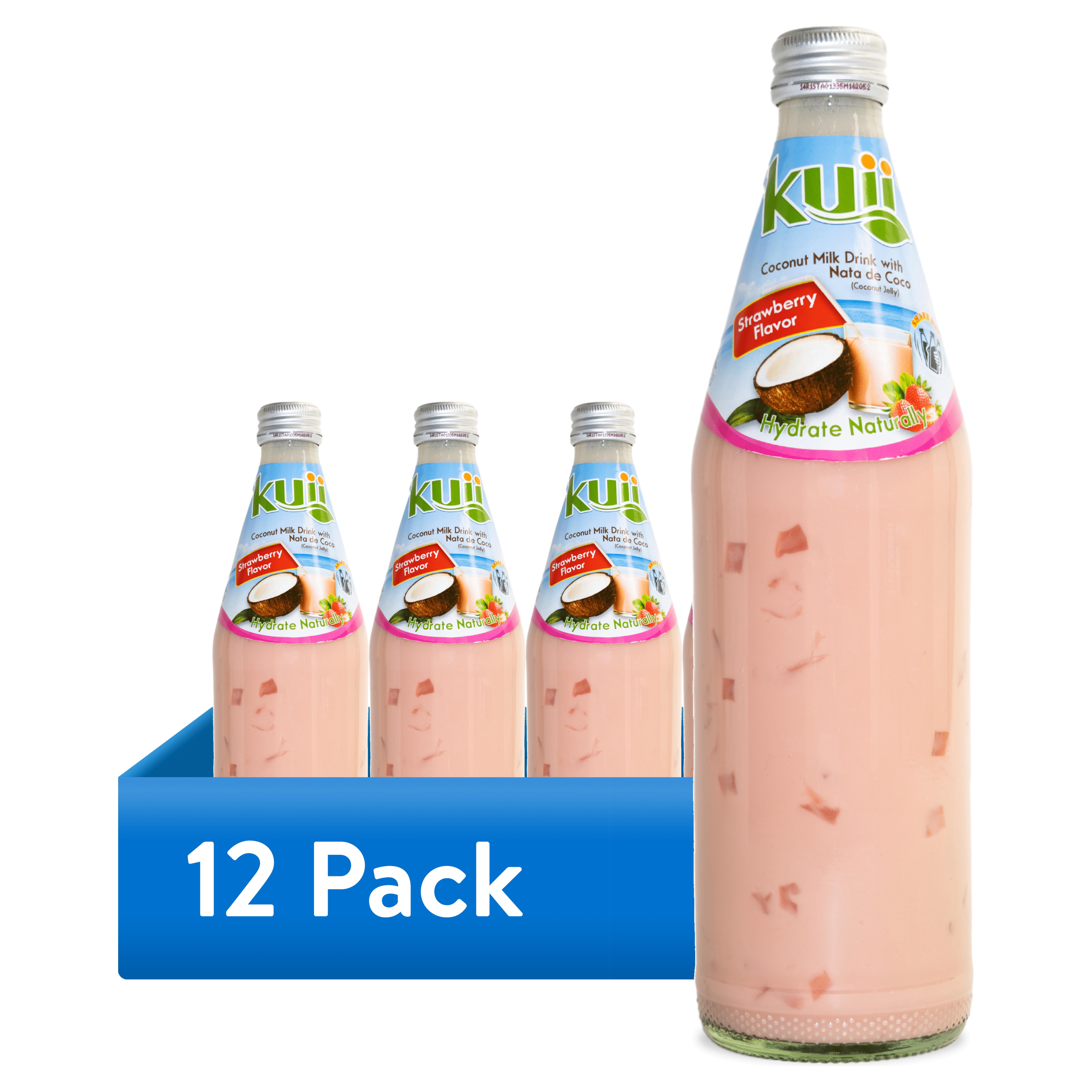 (12 pack) Kuii Drinks Coconut Milk with Nata de Coco, Strawberry, 485 mL Single Glass Bottle