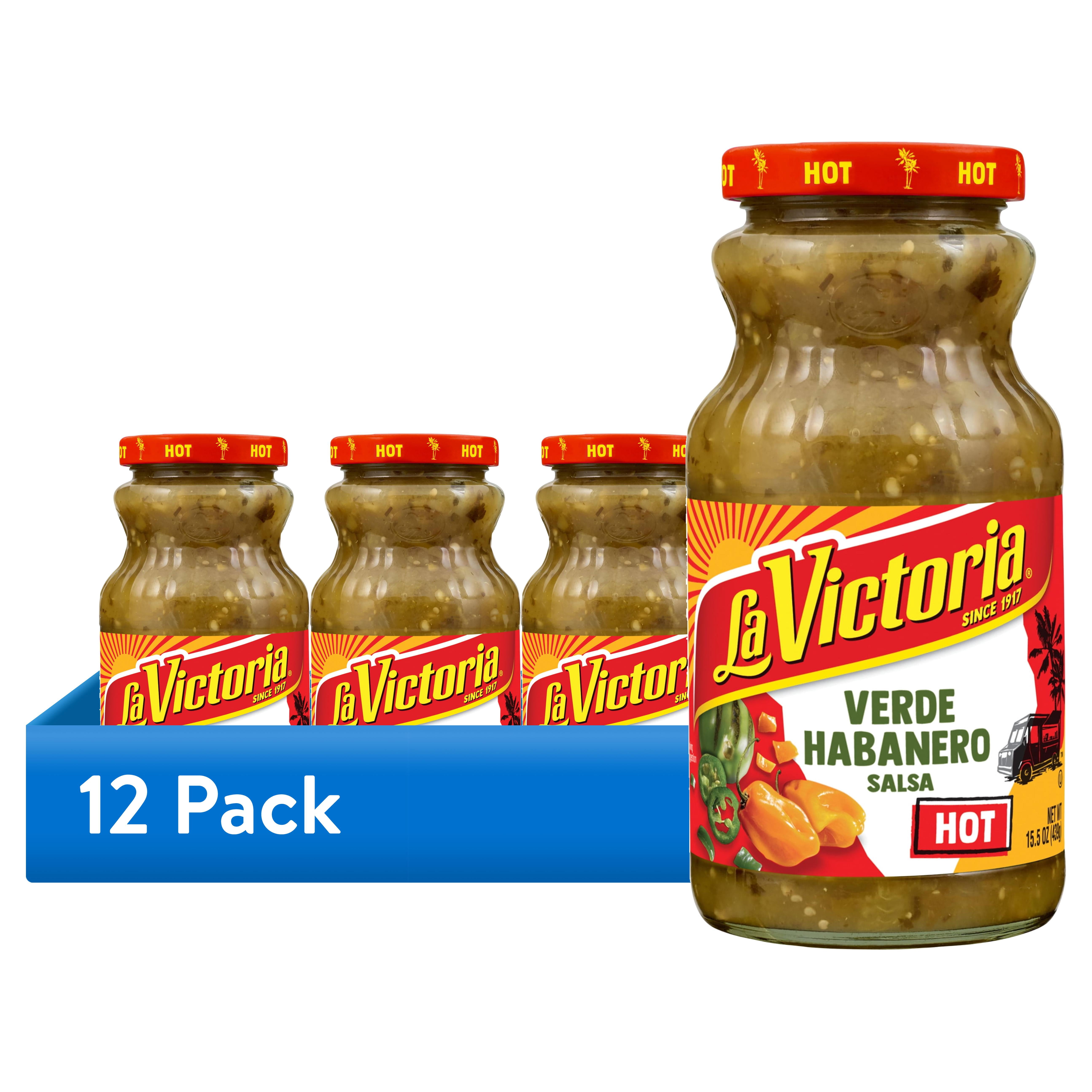 (12 pack) LA VICTORIA Verde Habanero Salsa Hot, Tortilla Chip Dip, Shelf Stable, 15.5 oz Glass Bottle