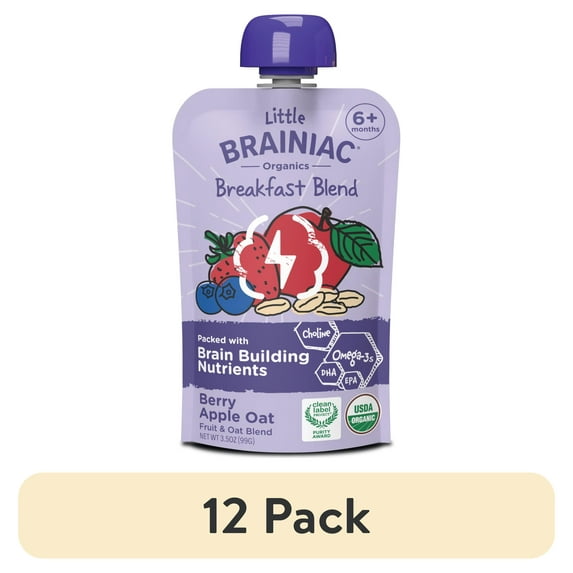 (12 pack) Little Brainiac Organic Fruit & Oat Toddler Food with BrainPack, Berry Apple Oat, 3.5oz