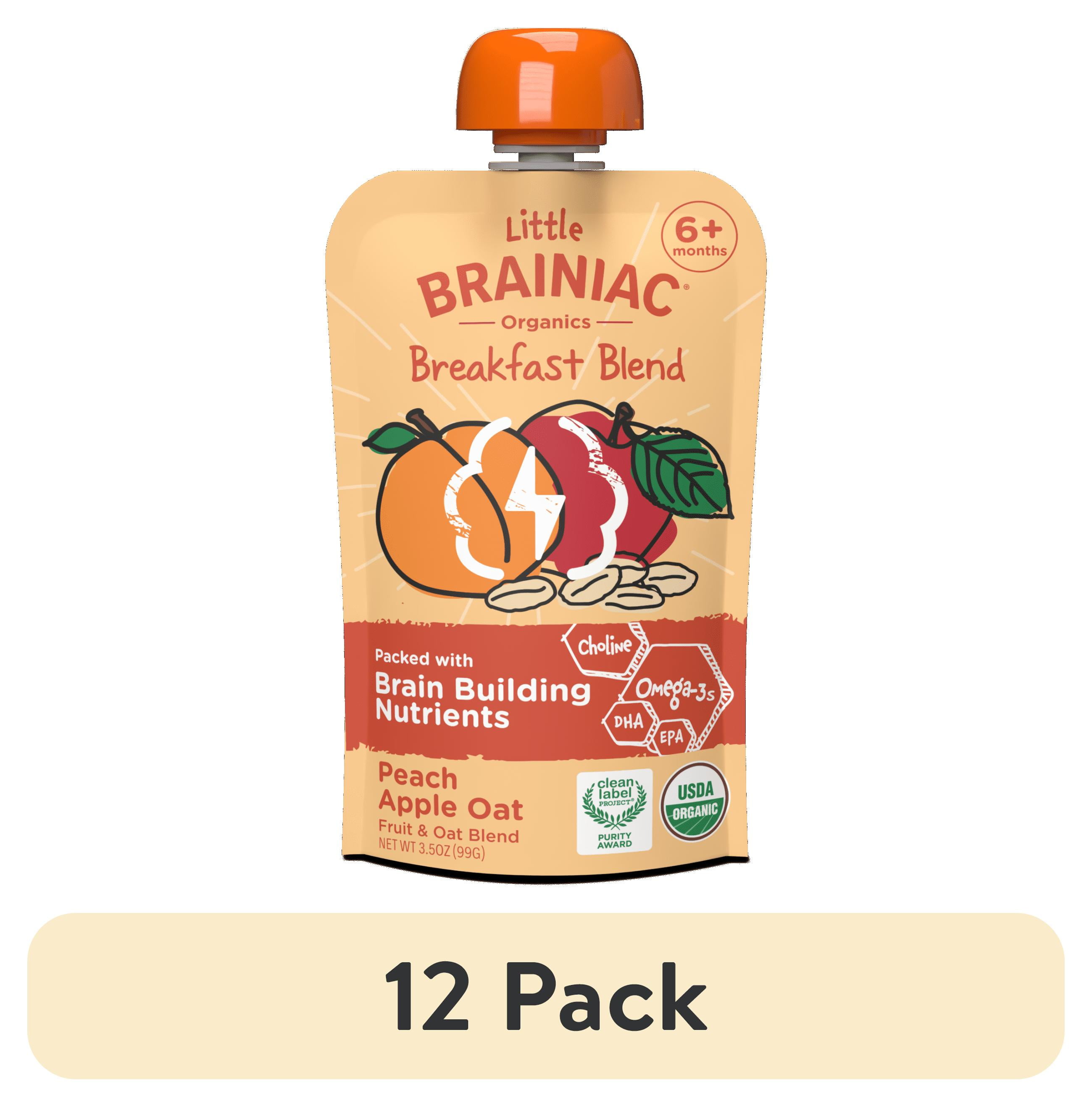 (12 pack) Little Brainiac Organic Fruit & Oat Toddler Food with BrainPack, Peach Apple Oat, 3.5oz