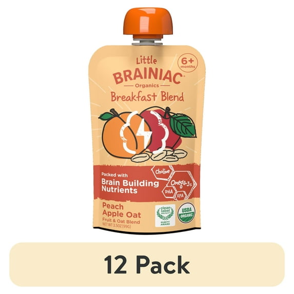(12 pack) Little Brainiac Organic Fruit & Oat Toddler Food with BrainPack, Peach Apple Oat, 3.5oz