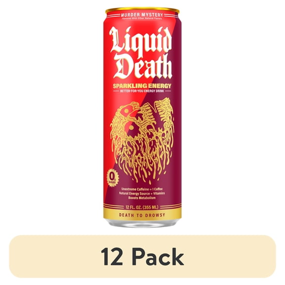 (12 pack) Liquid Death Energy - Murder Mystery (Cherry, Cream, Spice), Zero Sugar Energy Drink, Unextreme Caffeine 100mg, Essential Vitamins, 12 fl oz