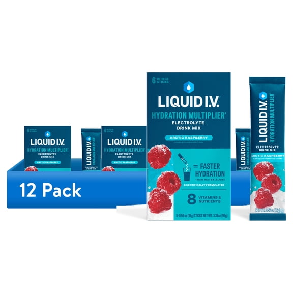 (12 pack) Liquid I.V. Arctic Raspberry Hydration Multiplier Powdered Electrolyte Drink Mix, 6 CT