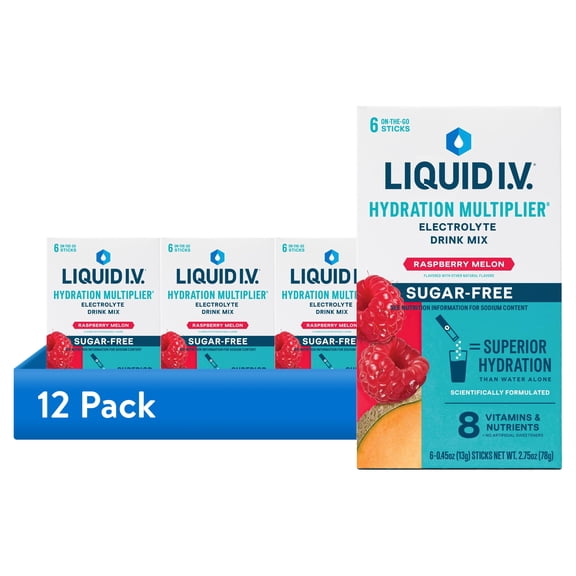 (12 pack) Liquid I.V. Raspberry Melon Hydration Multiplier Sugar-Free Powdered Electrolyte Drink Mix, 6 Count Packets