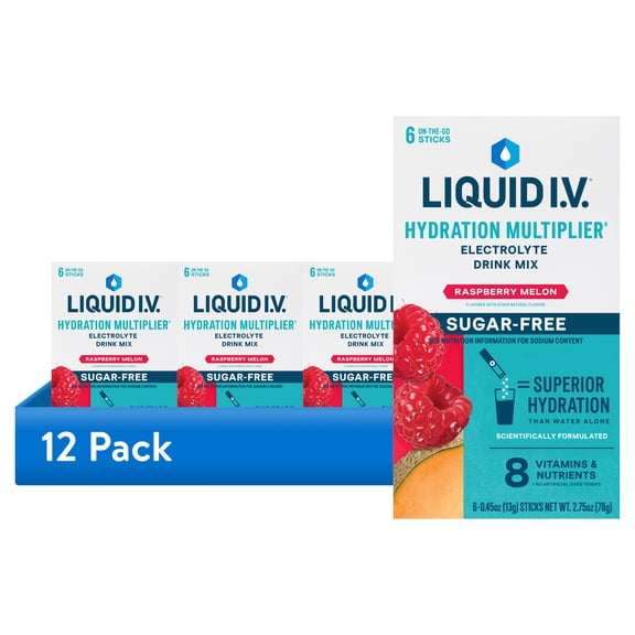 (12 pack) Liquid I.V. Raspberry Melon Hydration Multiplier Sugar-Free Electrolyte Powder Drink Mix, 6 Count Packets