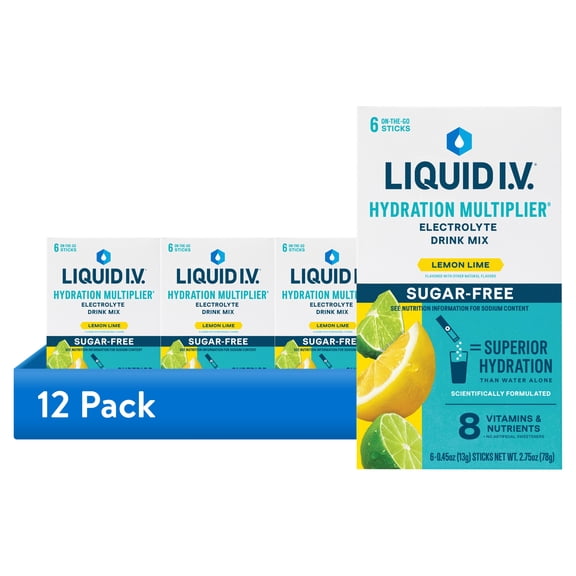 (12 pack) Liquid I.V. Lemon Lime Hydration Multiplier Sugar-Free Electrolyte Powder Drink Mix, 6 Count Packets