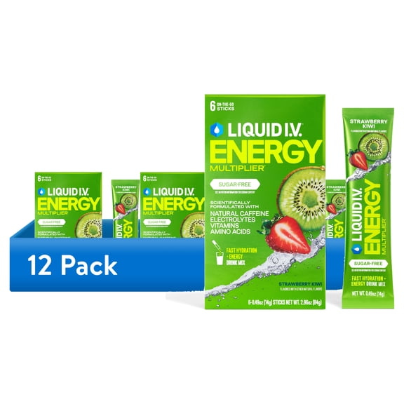 (12 pack) Liquid I.V. Strawberry Kiwi Sugar-Free Energy Multiplier Powdered Electrolyte Drink Mix, 6 Count Packets