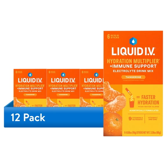 (12 pack) Liquid I.V. Tangerine Hydration Multiplier +Immune Support Electrolyte Powder Drink Mix, 6 Count Packets