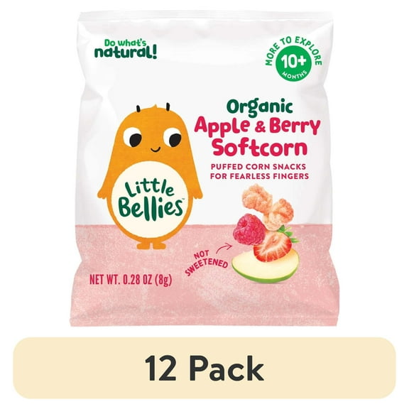 (12 pack) Little Bellies Organic Apple & Berry Softcorn Snack, Baby & Toddler Puff Snack, Age 10+ Months, 0.28 oz Bag