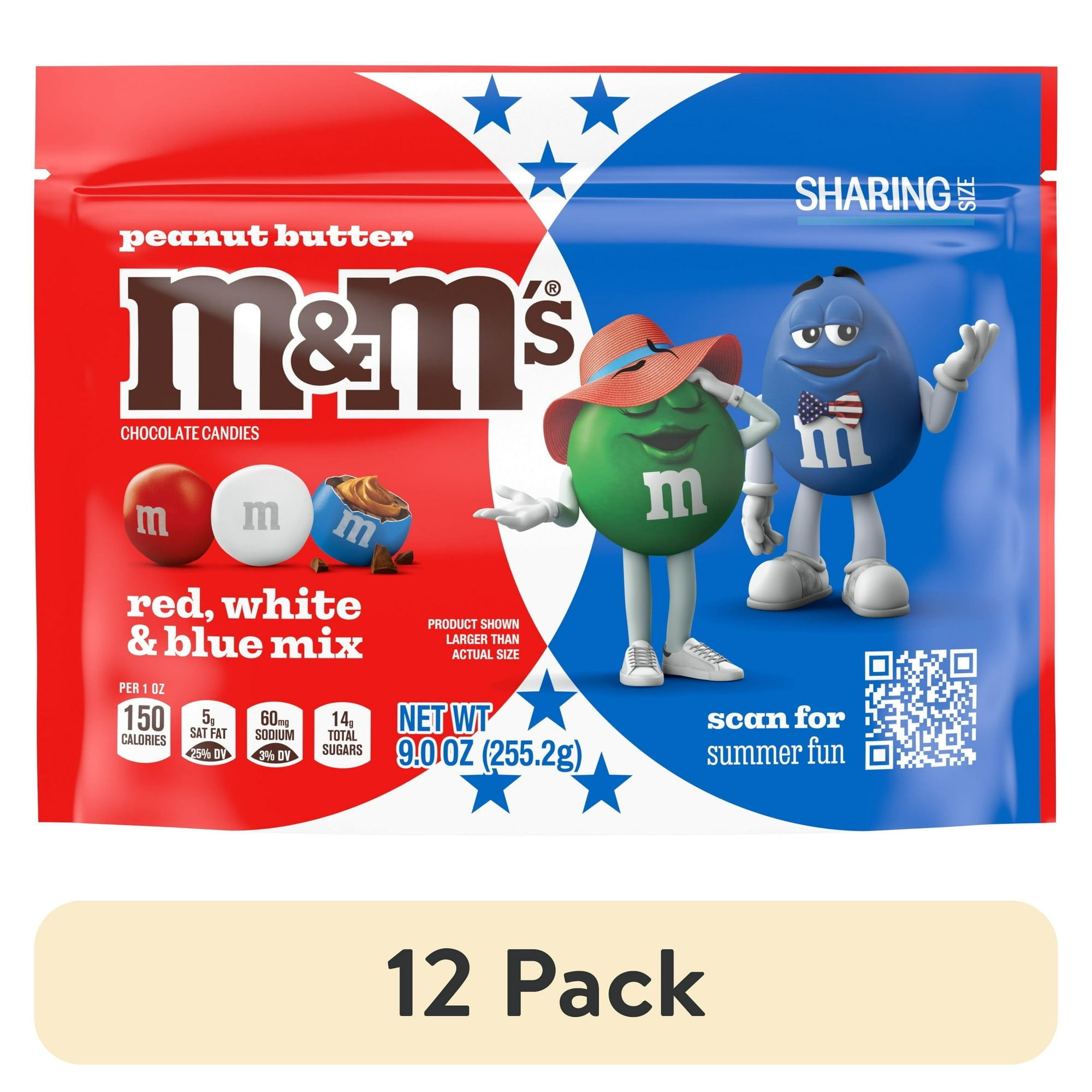 (12 pack) M&M's Peanut Butter Chocolate Red, White & Blue Summer Candy - 9 oz Bag