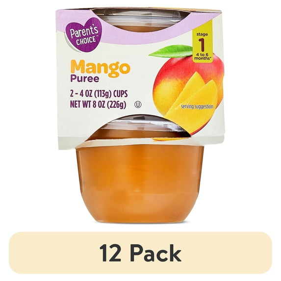 (12 pack) Parent's Choice Stage 1 Baby Food Mango Puree, 4 oz Cups, 2 Pack