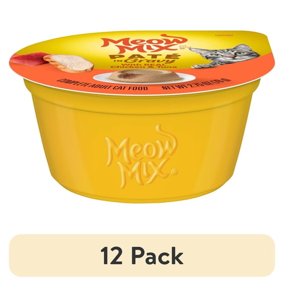 (12 pack) Meow Mix Pate in Gravy With Real Chicken & Tuna, Wet Cat Food, 2.75 oz Cup