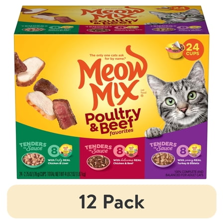 (12 pack) Meow Mix Tenders in Sauce Wet Cat Food Variety Pack With Poultry & Beef Favorites, 24 Cups, 2.75 oz Each