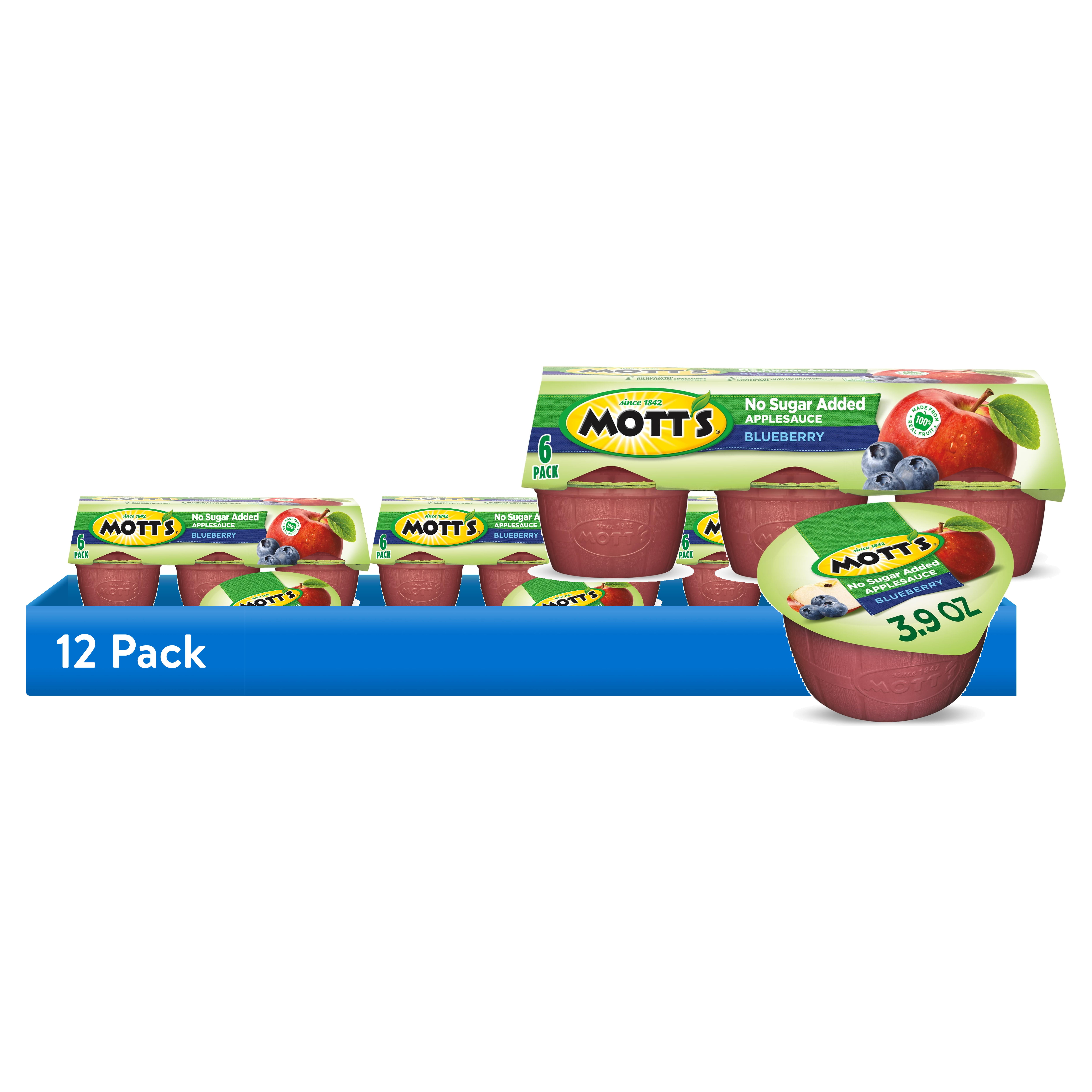 (12 pack) Mott's No Sugar Added Blueberry Applesauce, 3.9 oz, 6 Count Cups