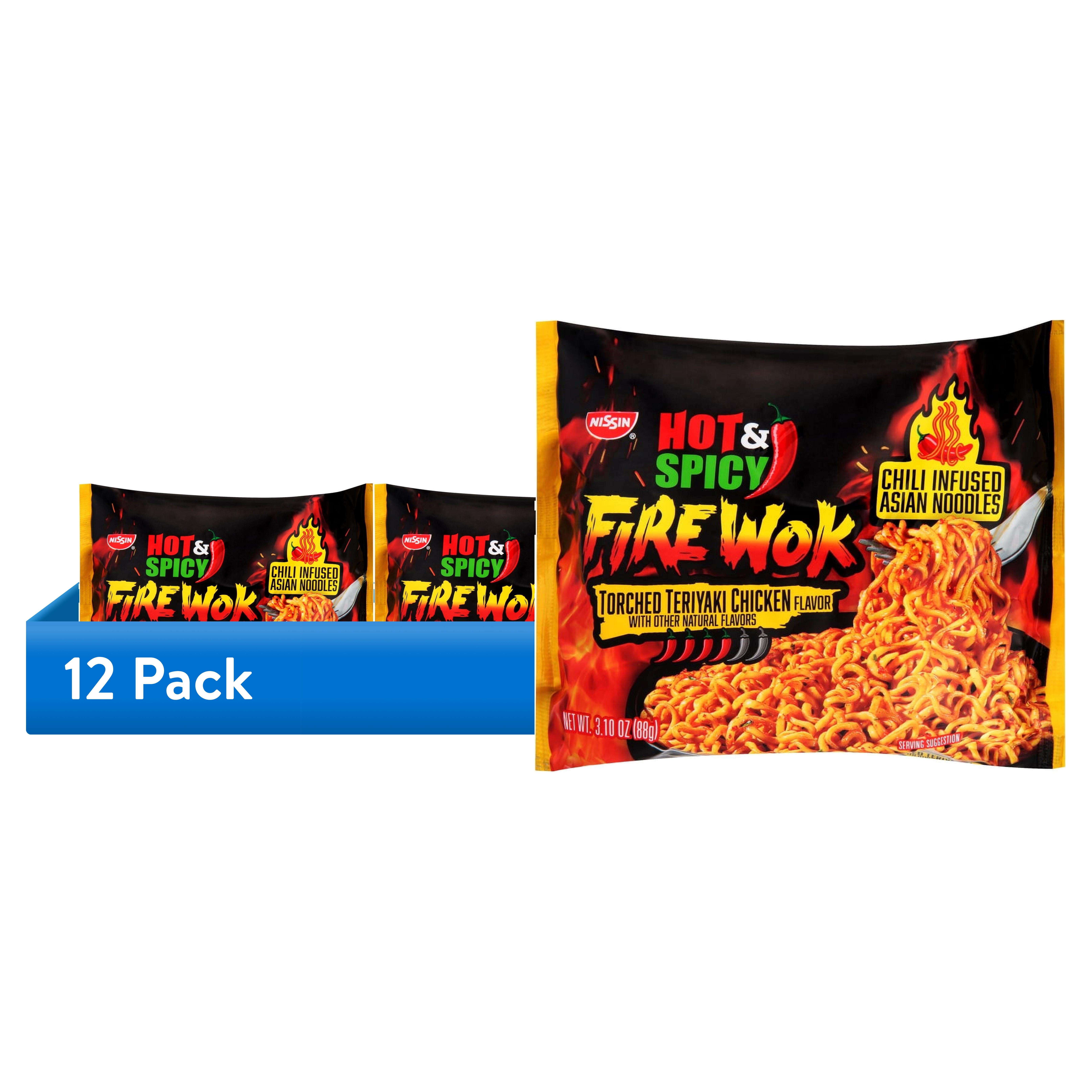 (12 pack) Nissin Foods Hot & Spicy Fire Wok Chili-Infused Asian Noodles, Torched Teriyaki Chicken Flavor, 3.10 oz Bag, Shelf-Stable