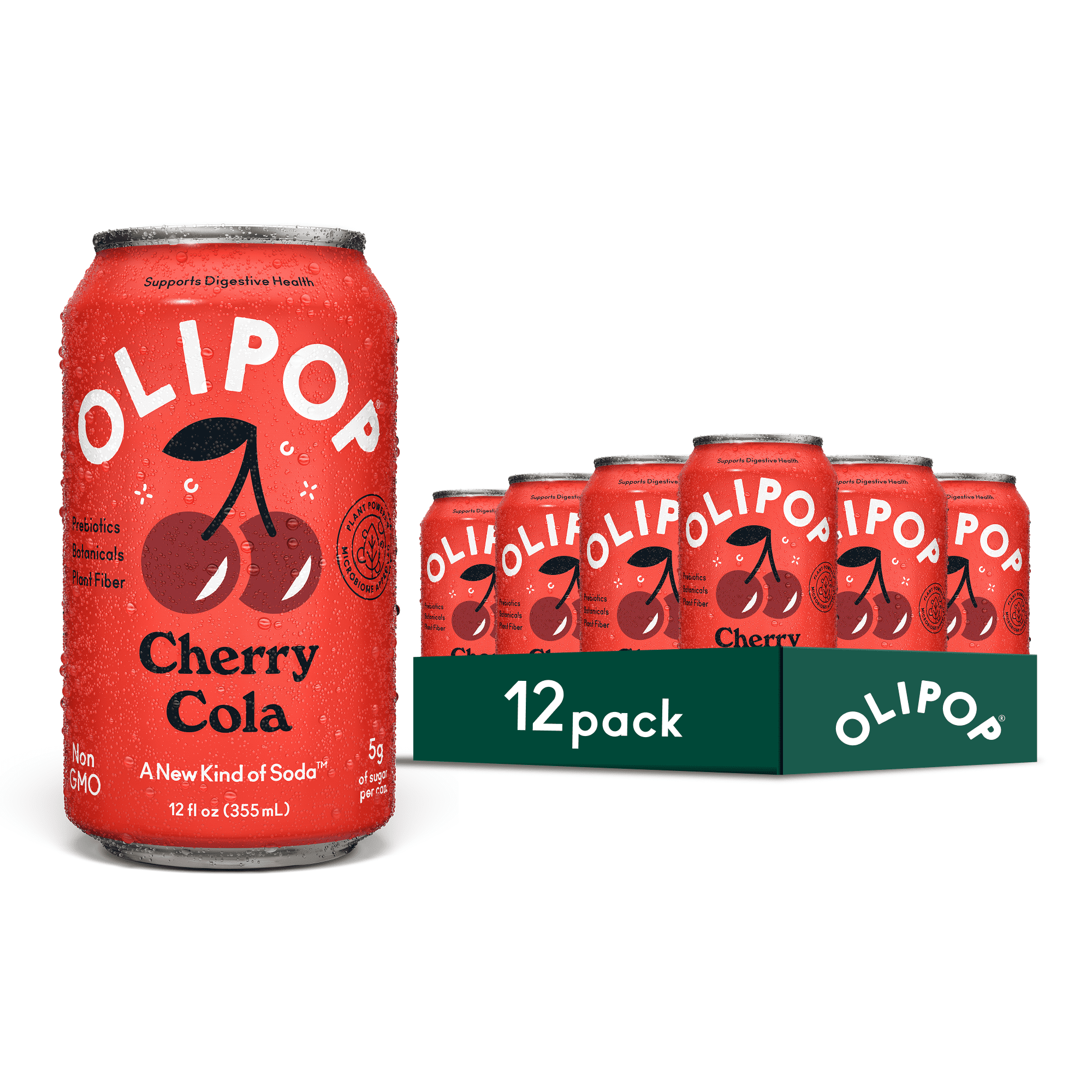 (12 pack) OLIPOP Prebiotic Soda, Cherry Cola, 12 fl oz, Pantry Packs