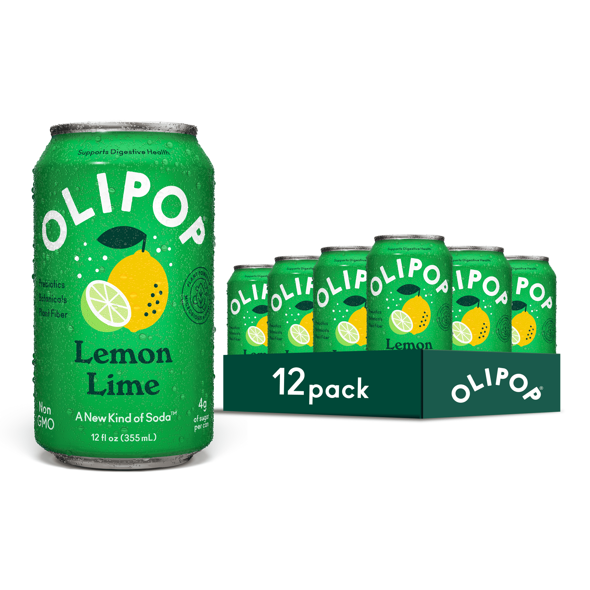 (12 pack) OLIPOP Prebiotic Soda, Lemon Lime, 12 fl oz, Pantry Packs