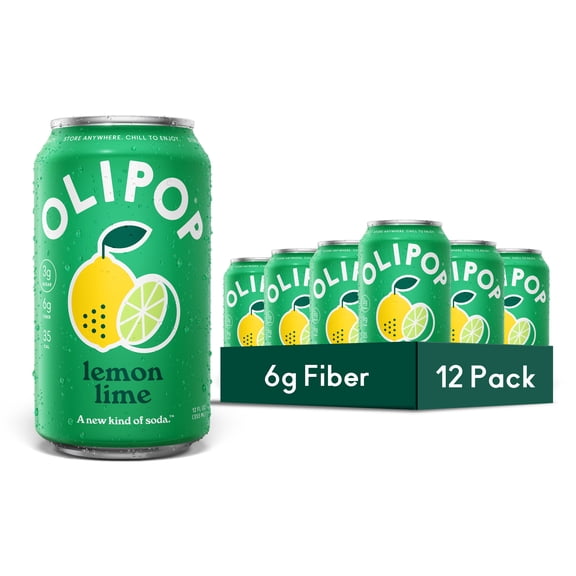 (12 pack) (12 pack) OLIPOP Prebiotic Soda, Lemon Lime, 12 fl oz, Pantry Packs