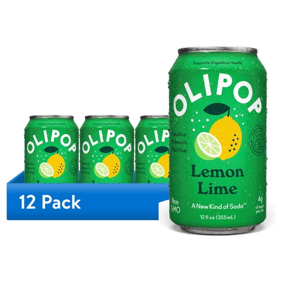 (12 pack) (12 pack) OLIPOP Prebiotic Soda, Lemon Lime, 12 fl oz, Pantry Packs