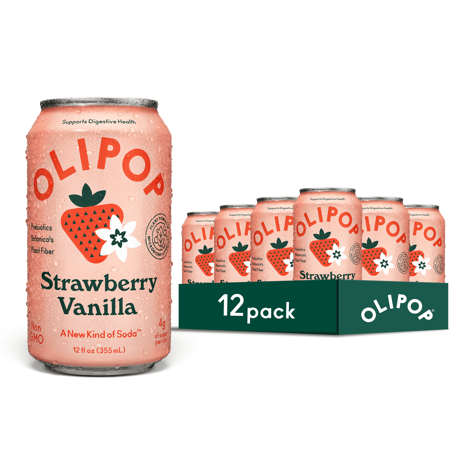 (12 pack) OLIPOP 6g Fiber Prebiotic Soda, Strawberry Vanilla, 12 fl oz, Single, Shelf Stable