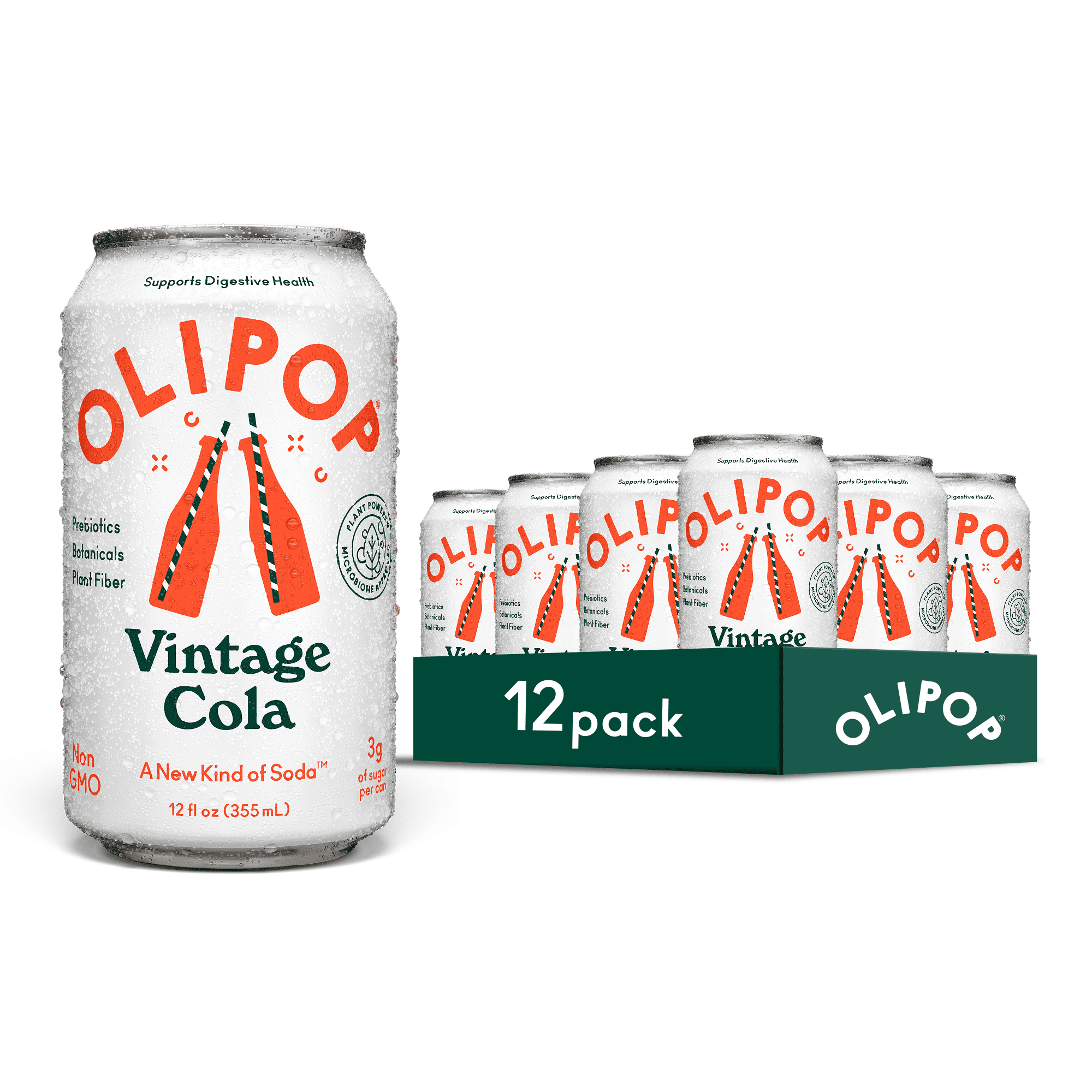 (12 pack) OLIPOP Prebiotic Soda, Vintage Cola, 12 fl oz, Pantry Packs