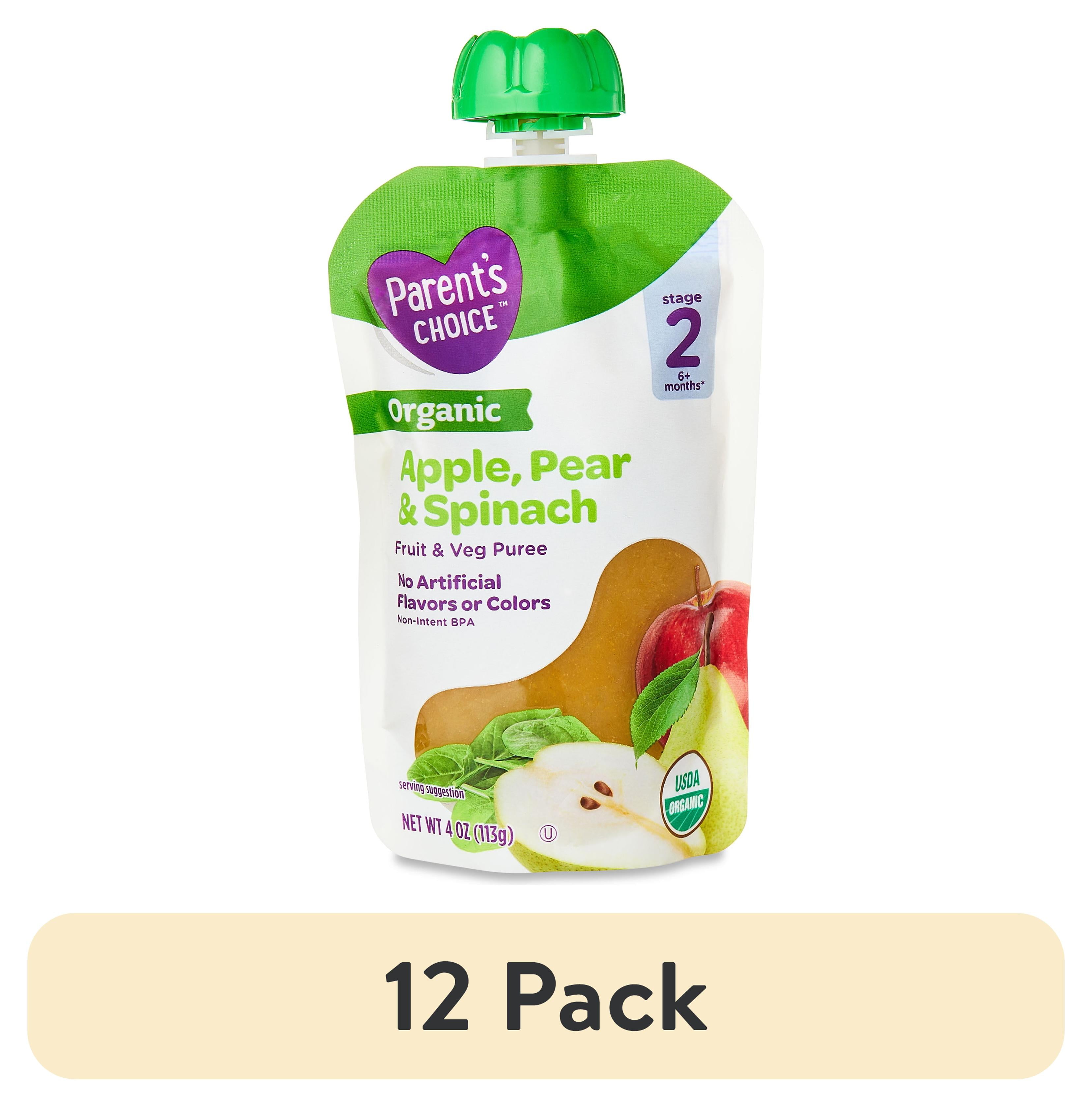 (12 pack) Parent's Choice Organic Stage 2 Baby Food Apple Pear Spinach, 4 oz Pouch