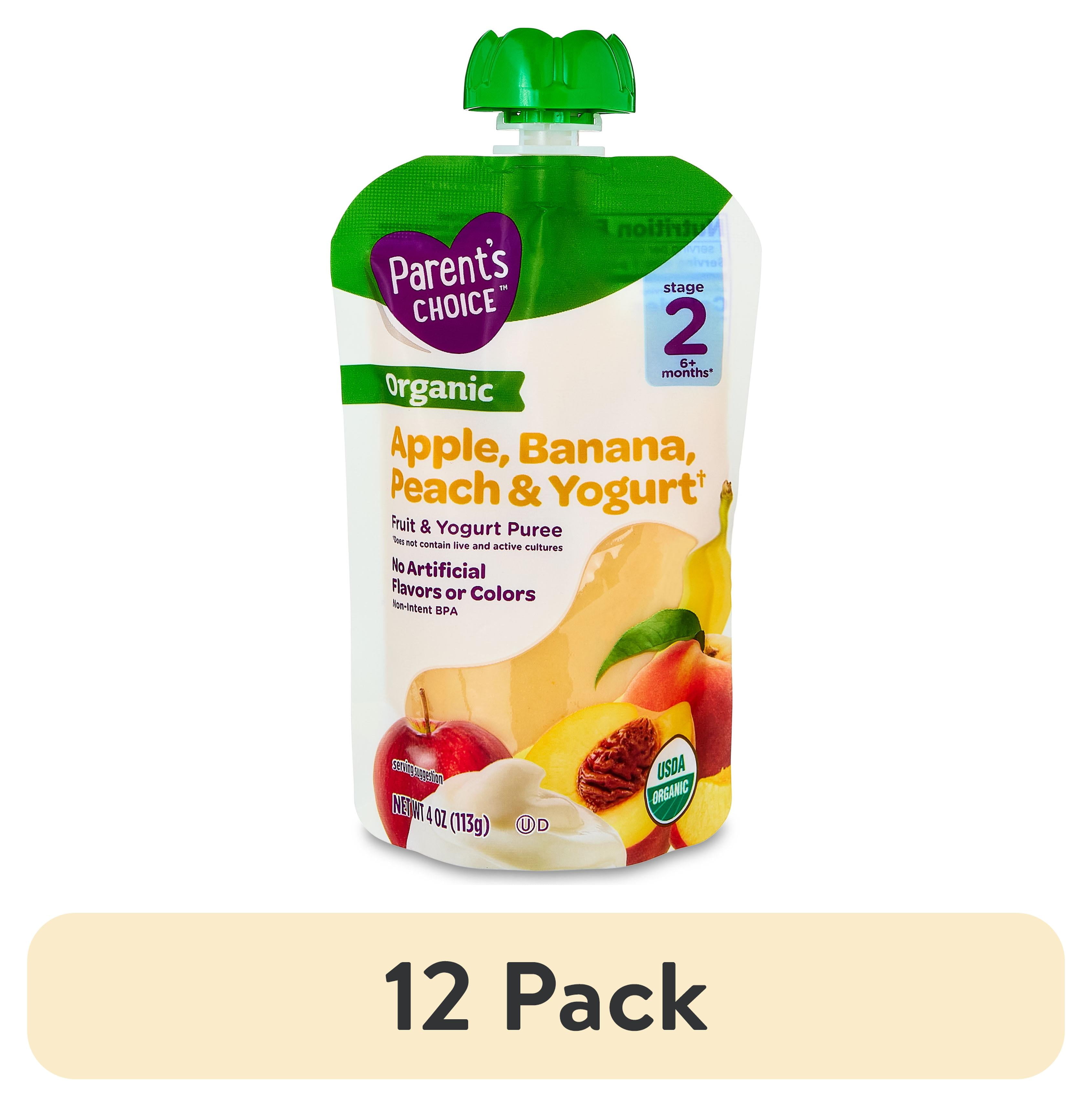 (12 pack) Parent's Choice Organic Stage 2 Baby Food Apple, Banana, and Peach Fruit and Yogurt Puree, 4 oz Pouch