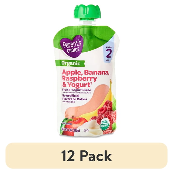 (12 pack) Parent's Choice Organic Stage 2 Baby Food Apple, Banana, Raspberry Yogurt, 4 oz Pouch