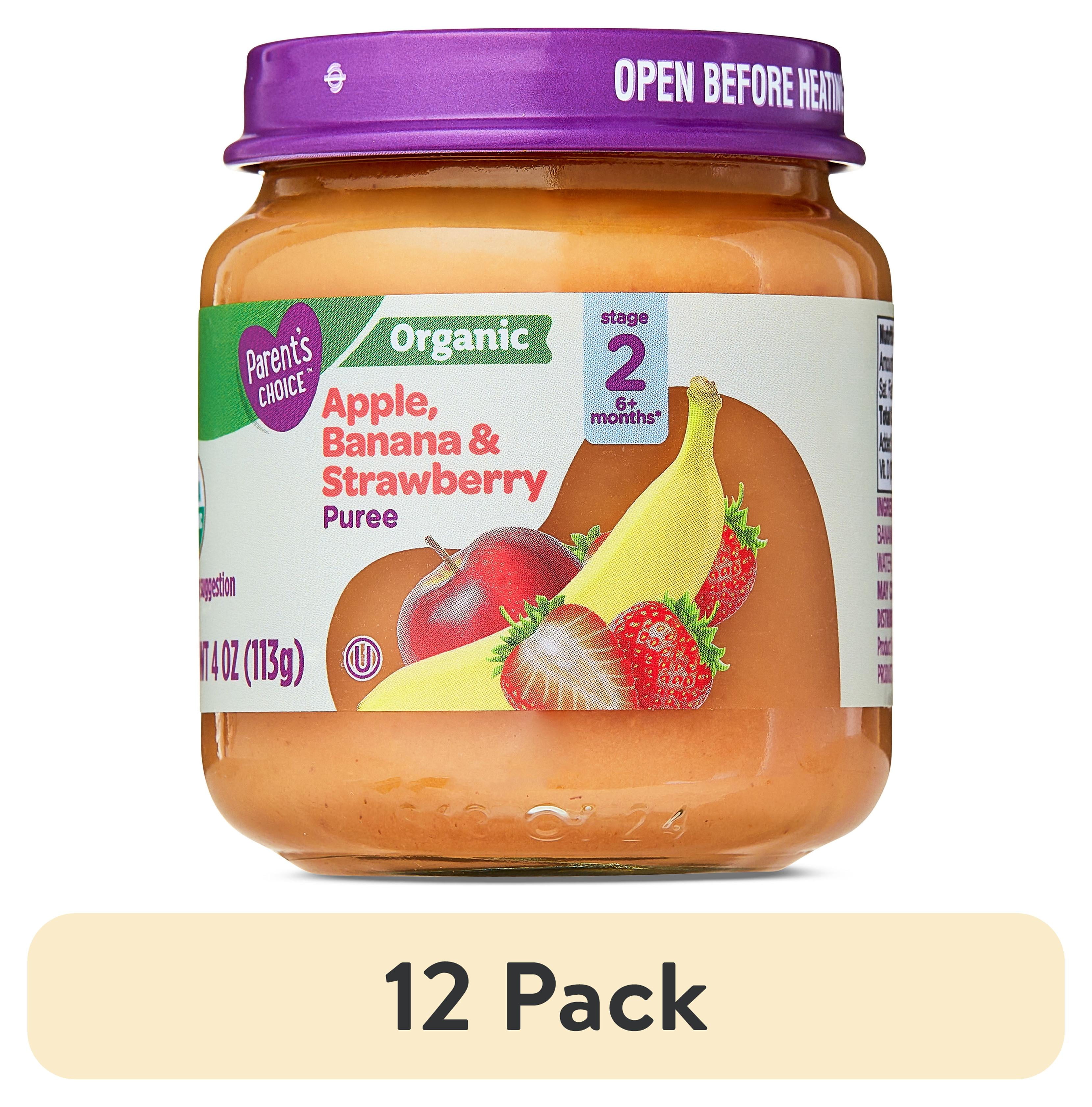 (12 pack) Parent's Choice Organic Stage 2 Baby Food Apple, Banana, and Strawberry, 4 oz Jar