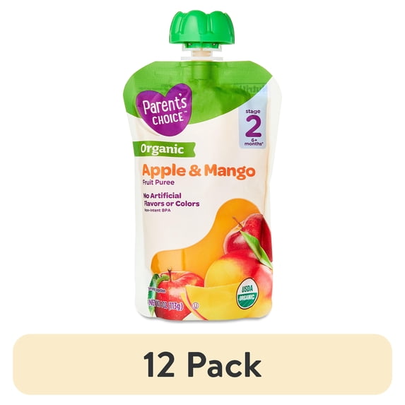 (12 pack) Parent's Choice Organic Stage 2 Baby Food Apple and Mango Puree, 4 oz Pouch