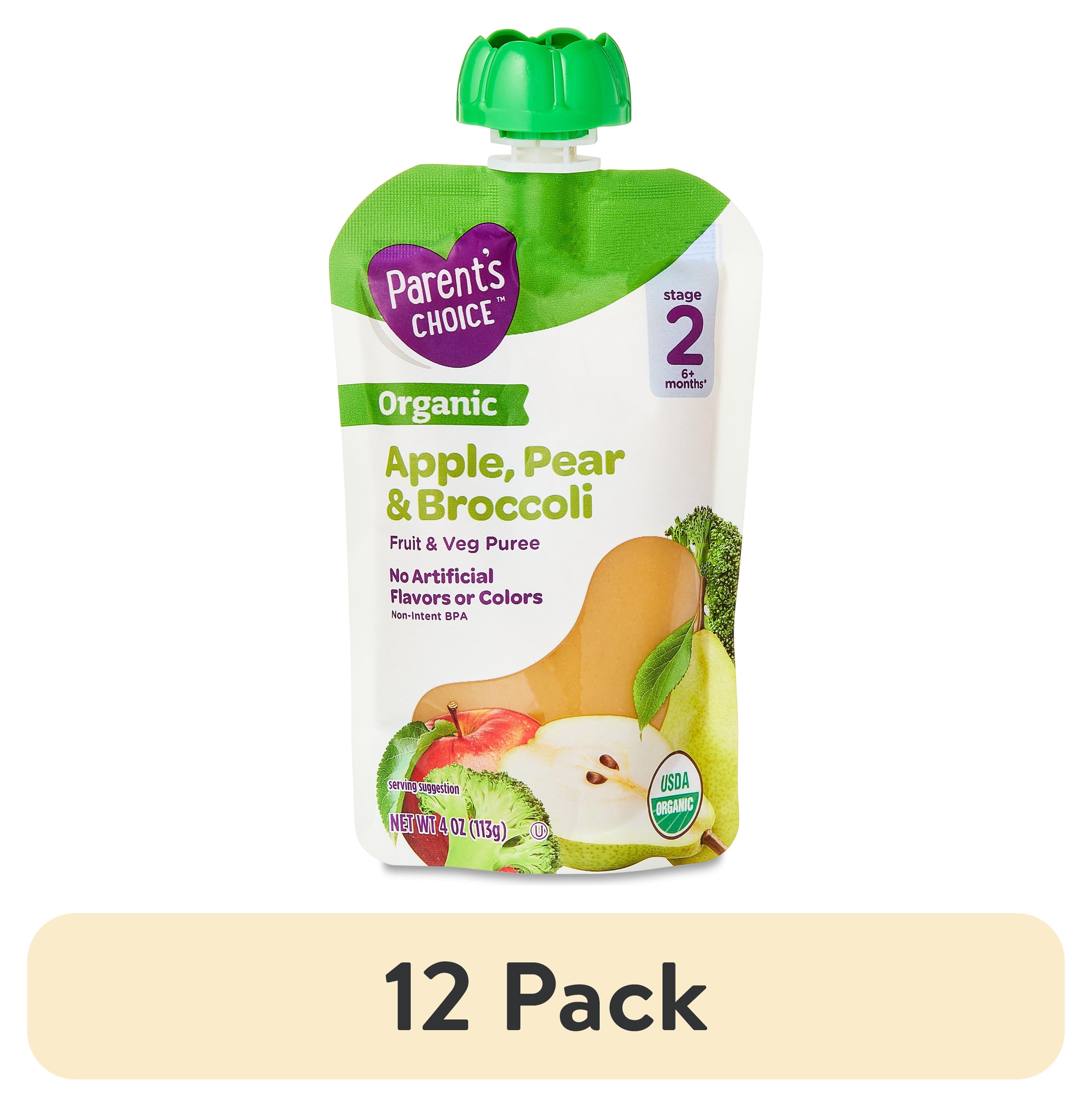 (12 pack) Parent's Choice Organic Stage 2 Baby Food Apple, Pear, and Broccoli Puree, 4 oz Pouch