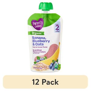 (paquete de 12) Comida para bebé Orgánica Etapa 2 de Parent's Choice, Puré de plátano, arándanos y avena, bolsa de 4 oz