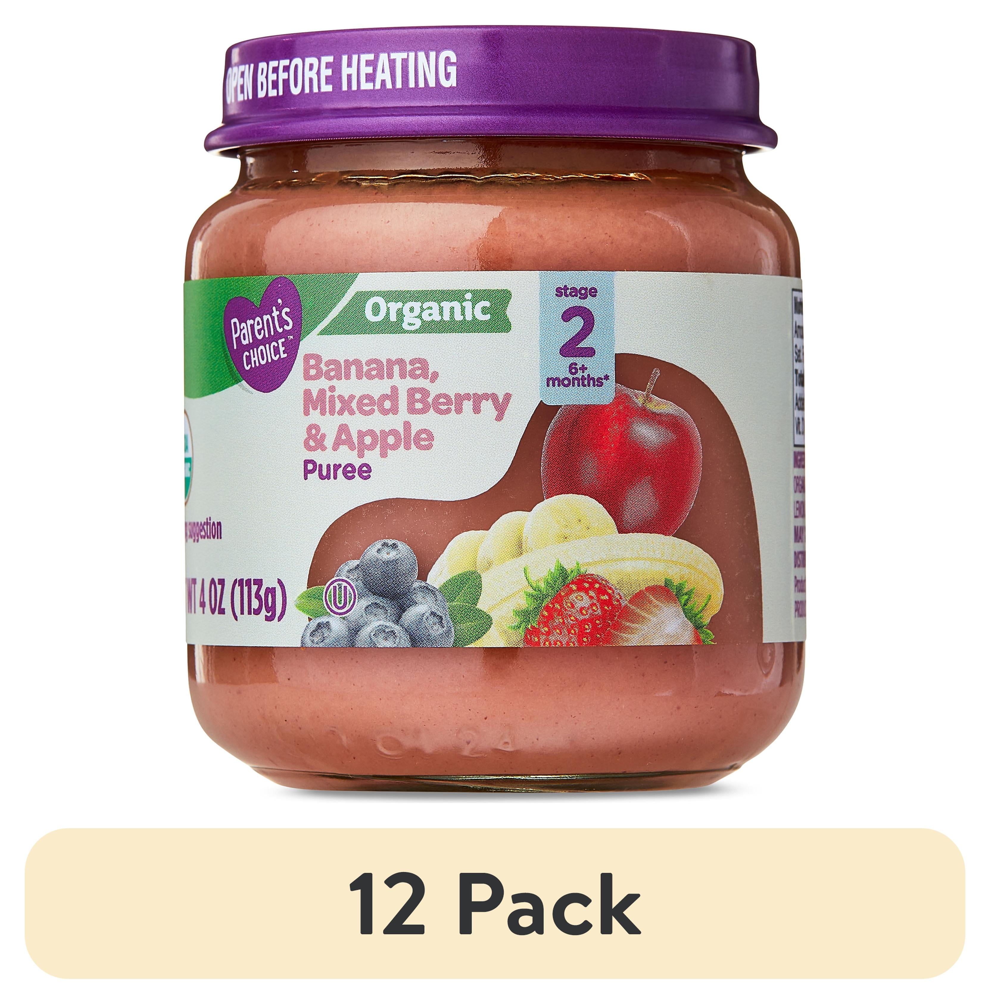 (12 pack) Parent's Choice Organic Stage 2 Baby Food Banana, Mixed Berry, and Apple Puree, 4 oz Jar