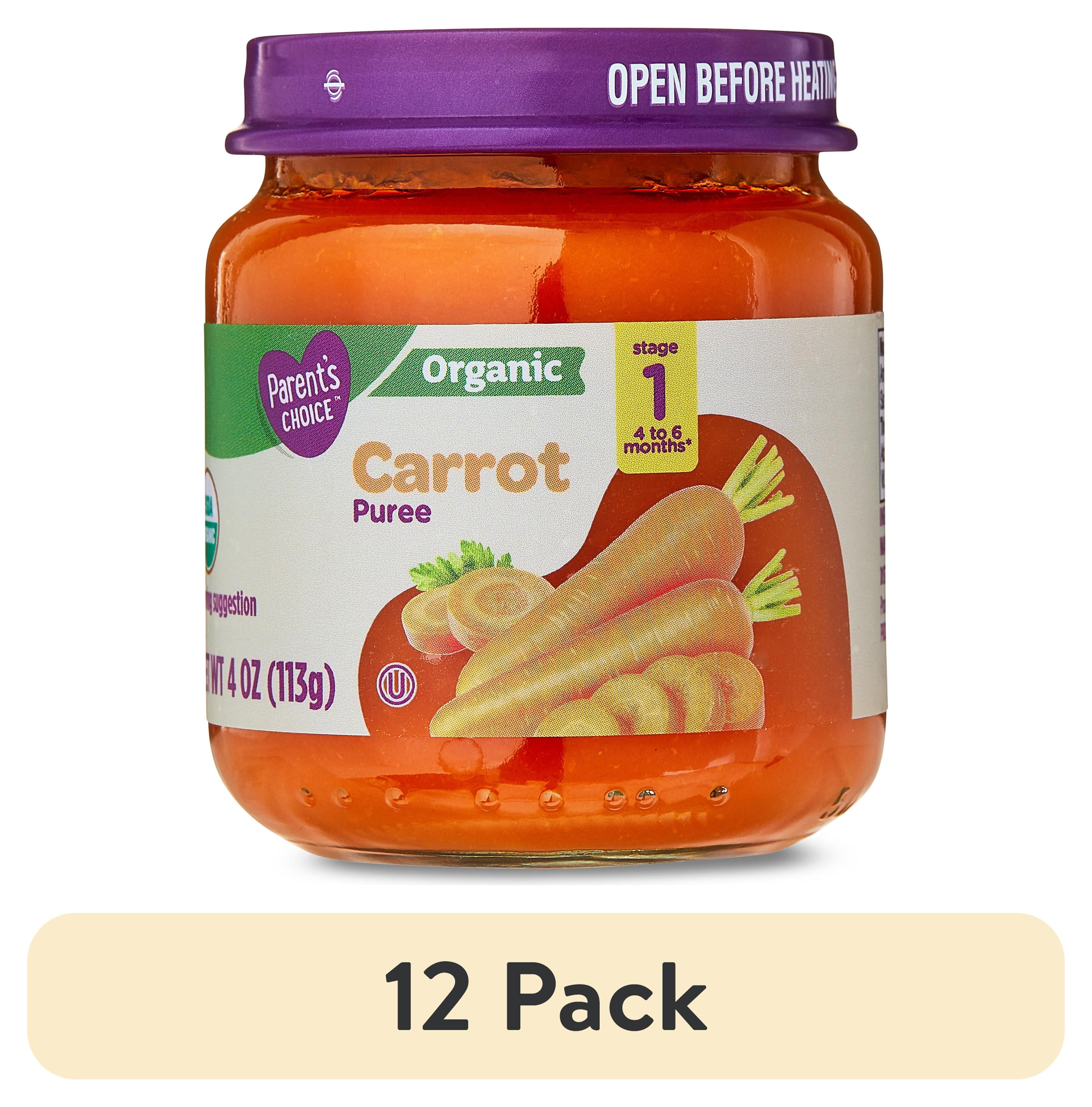 (12 pack) Parent's Choice Organic Stage 1 Baby Food Carrot Puree, 4 oz Jar