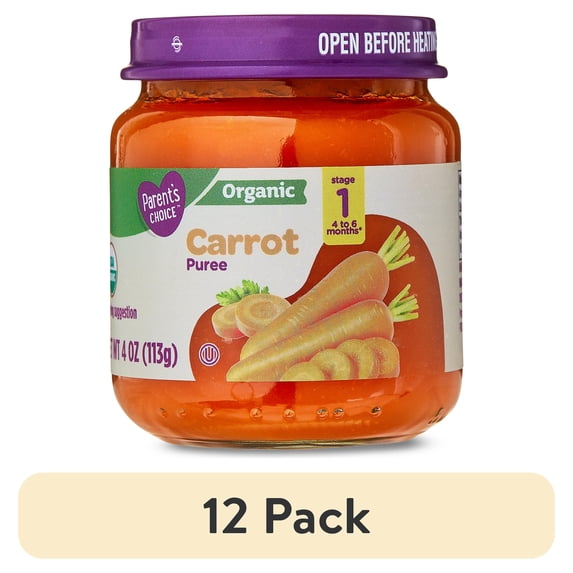 (12 pack) Parent's Choice Organic Stage 1 Baby Food Carrot Puree, 4 oz Jar