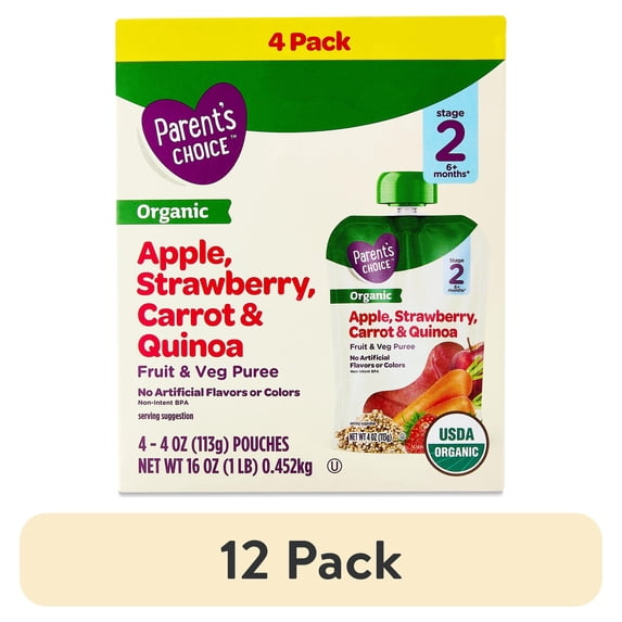 (12 pack) Parent's Choice Organic Stage 2 Baby Food Apple, Strawberry, Carrot & Quinoa, 4 oz Pouches, 4 Pack