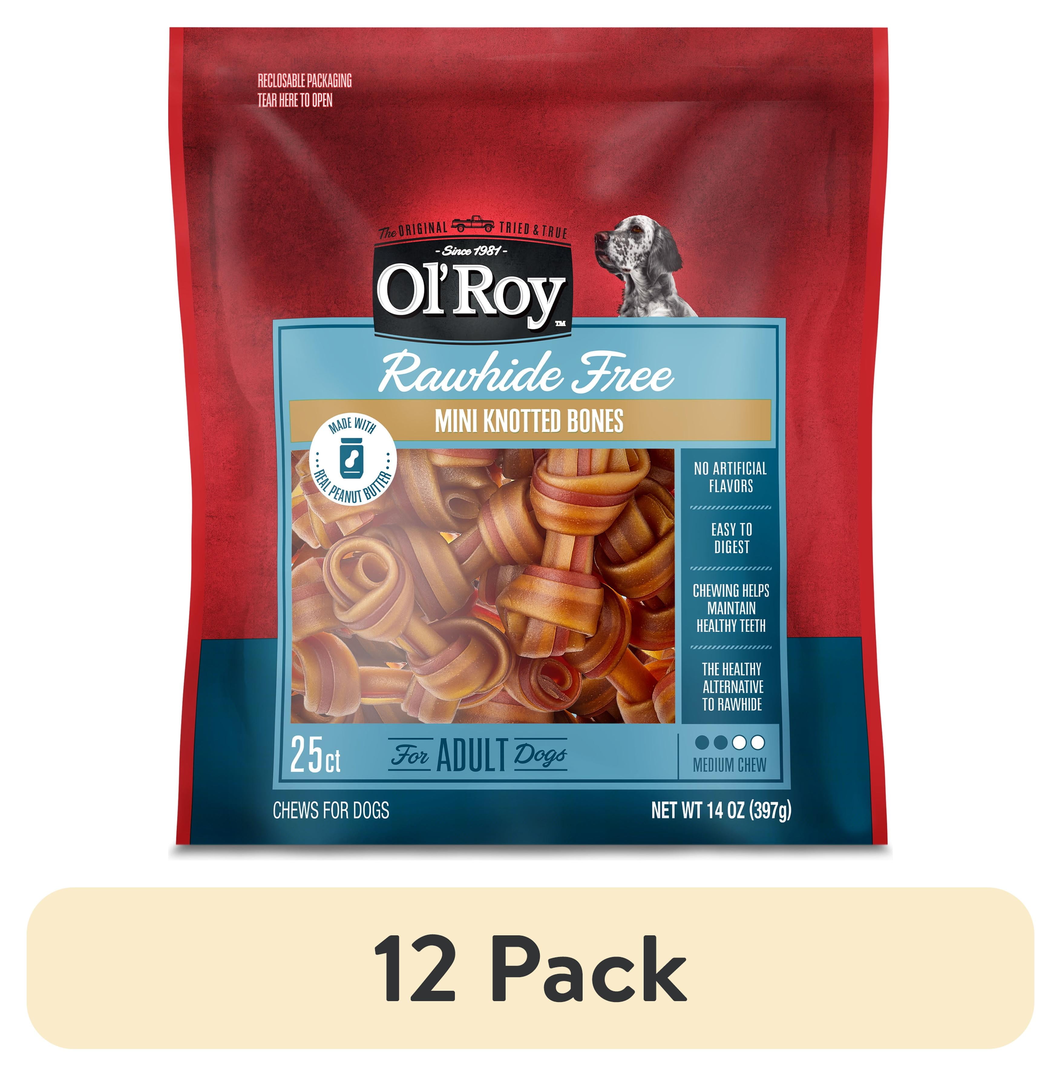 (12 pack) Ol' Roy 2.5 Inch Rawhide Free Mini Knotted Peanut Butter Flavored Bones, Chews for Dogs, 14 oz, 25 Count