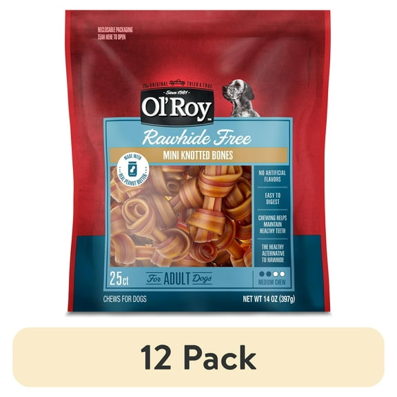 (12 pack) Ol' Roy 2.5" Rawhide Free Mini Knotted Peanut Butter Flavored Bones, Chews for Dogs, 14 oz, 25 Count