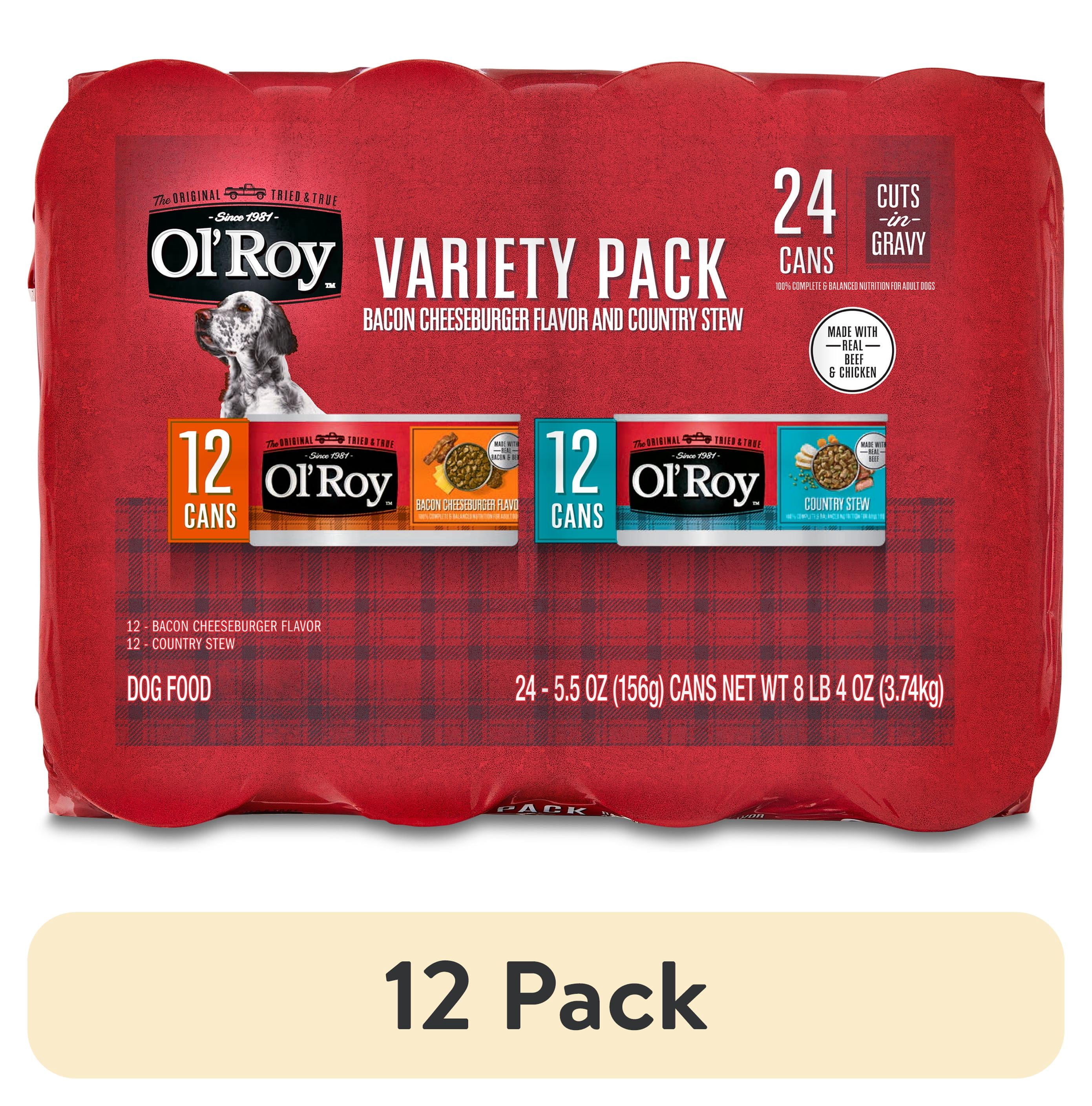 (12 pack) Ol' Roy Bacon Cheeseburger Flavor & Country Stew Cuts in Gravy Wet Dog Food Variety Pack, 5.5 oz Cans, 24 Pack
