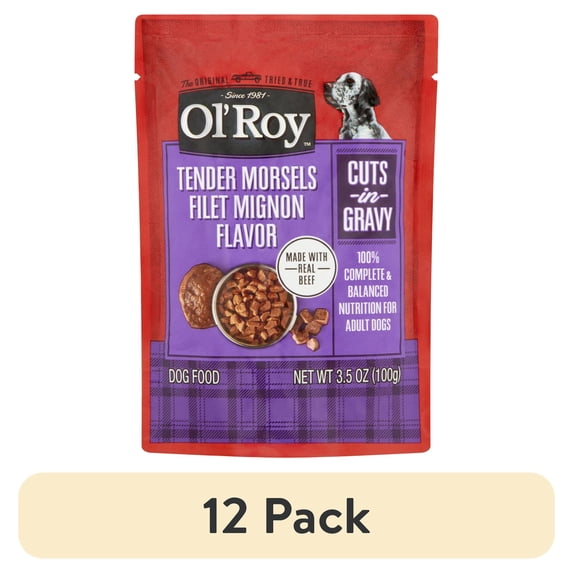 (12 pack) Ol' Roy Cuts in Gravy Beef Wet Gravy Dry Dog Food Low Protein, 3.5 oz Pouch