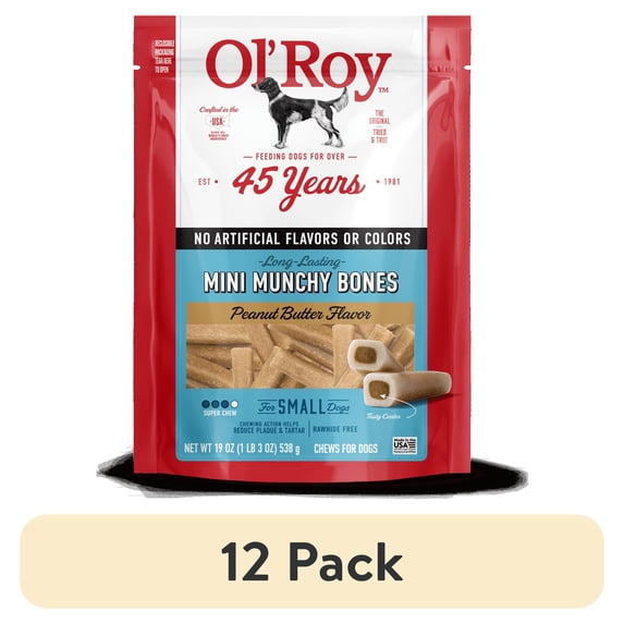 (12 pack) Ol' Roy Peanut Mini Munchy Bones Dog Treats, Peanut Butter, 19 oz