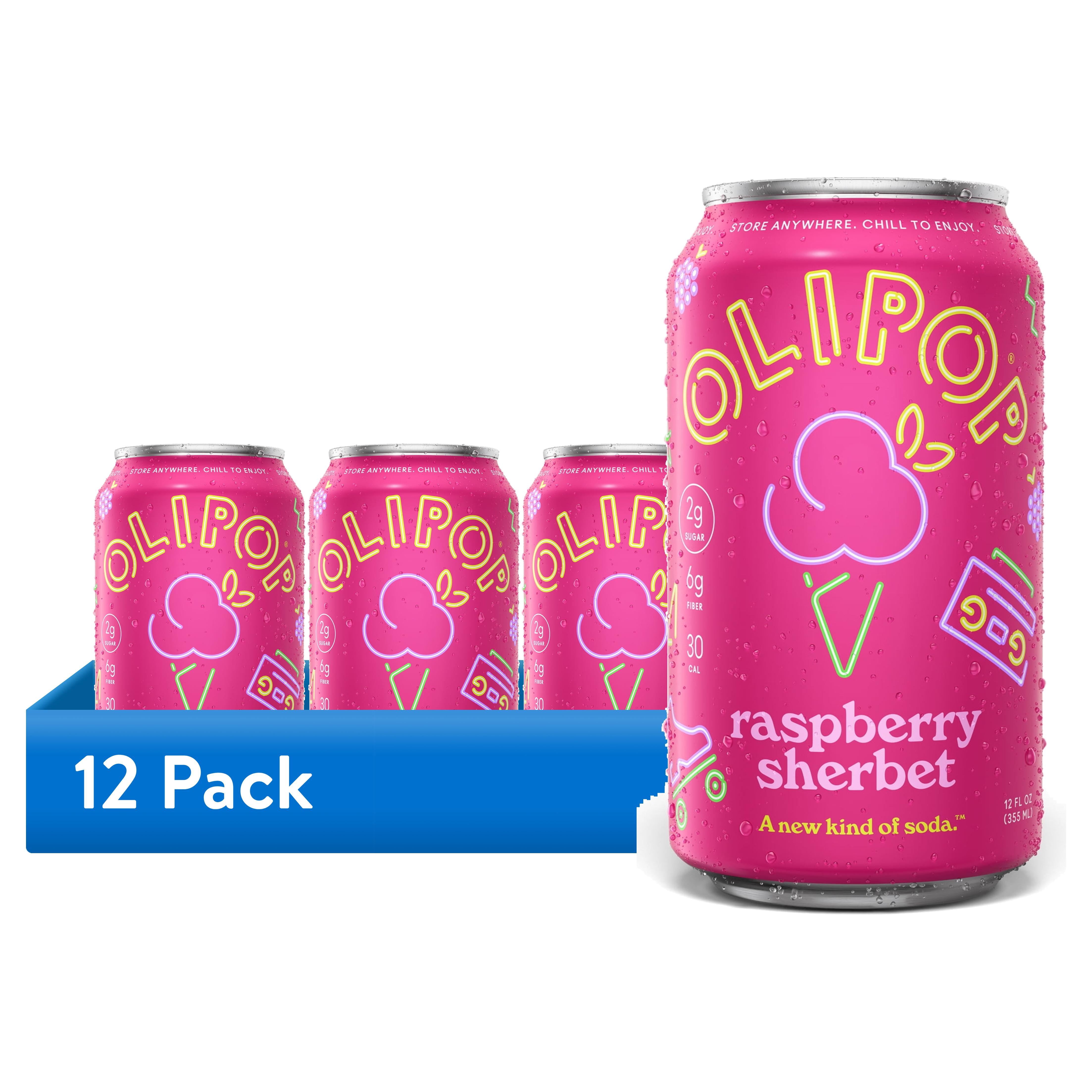 (12 pack) OLIPOP 6g Fiber Prebiotic Soda, Raspberry Sherbet, 12 fl oz, Single, Shelf Stable